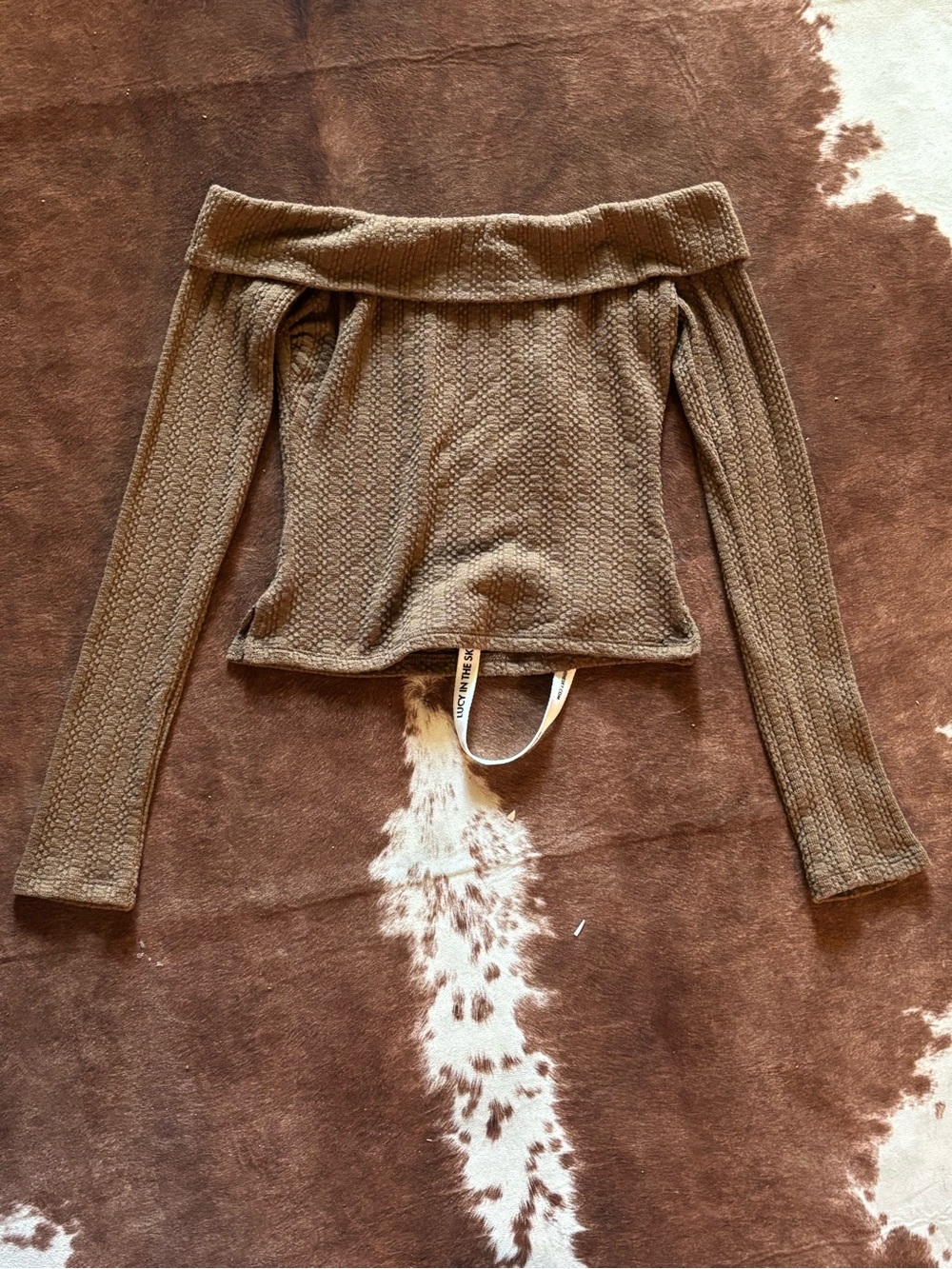 Lucy in the Sky Waffle Knit Off-Shoulder Top in Olive Brown